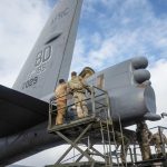U.S. Air Force Airmen assigned to the 307th Bomb Wing perform post-flight maintenance on the tail section of a B-52H Stratofortress during Exercise Cobra Warrior 25-2 at RAF Fairford, England, Sept. 12, 2025. The aircraft arrived in support of Exercise Cobra Warrior 25-2, a multinational training event focused on developing tactical interoperability among NATO and partner nations. (U.S. Air Force photo by Staff. Sgt Tambri Cason)